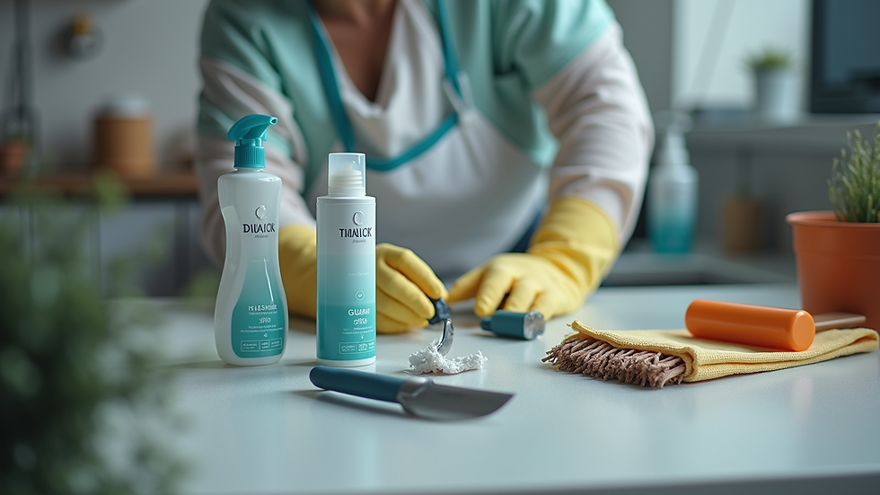 Plano detalle de equipo profesional de limpieza con productos y herramientas organizadas