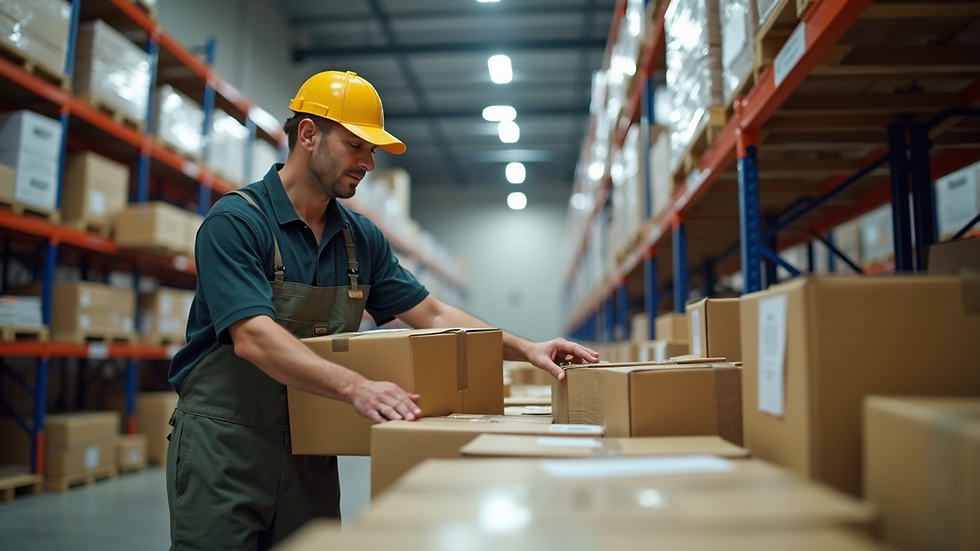 Eye-level view of a courier sorting packages in a delivery center