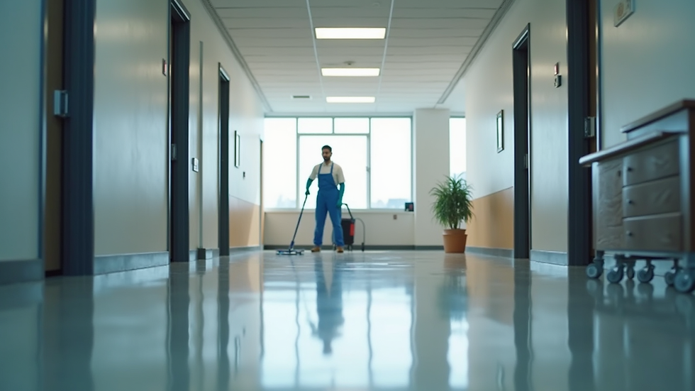 Eye-level view of a clean and organized office space with a janitor cleaning the floor