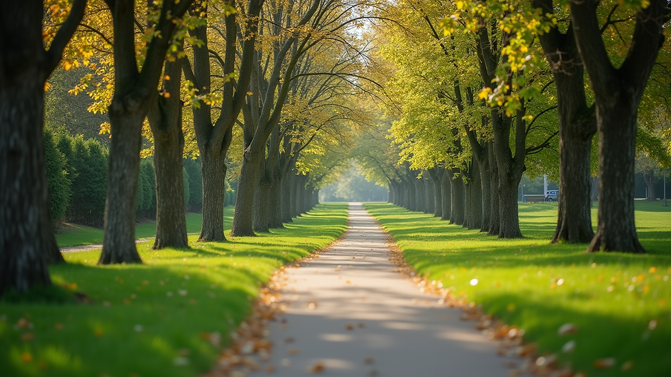 Eye-level view of a serene park with a walking path