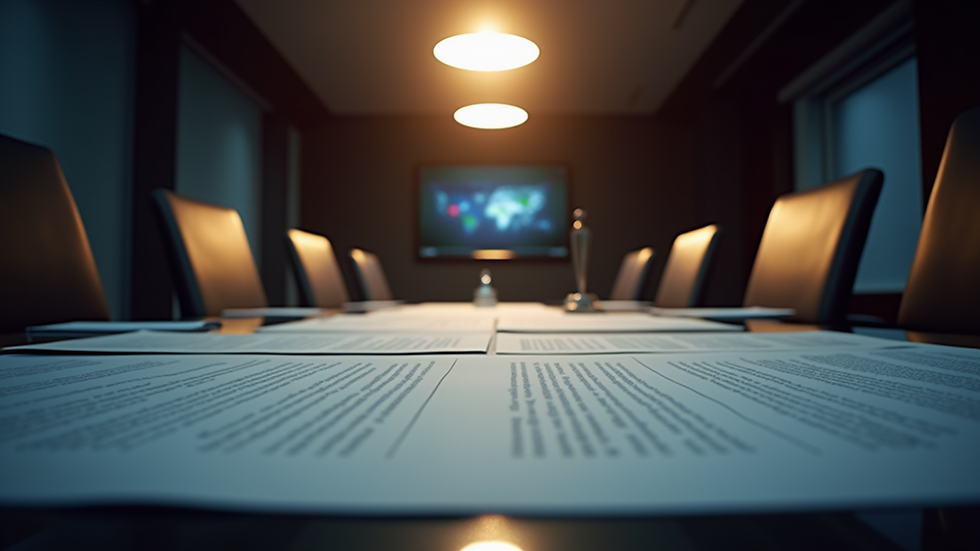 Eye-level view of a corporate boardroom with legal documents on the table