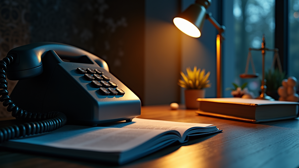 High angle view of a telephone on a desk with legal reference books
