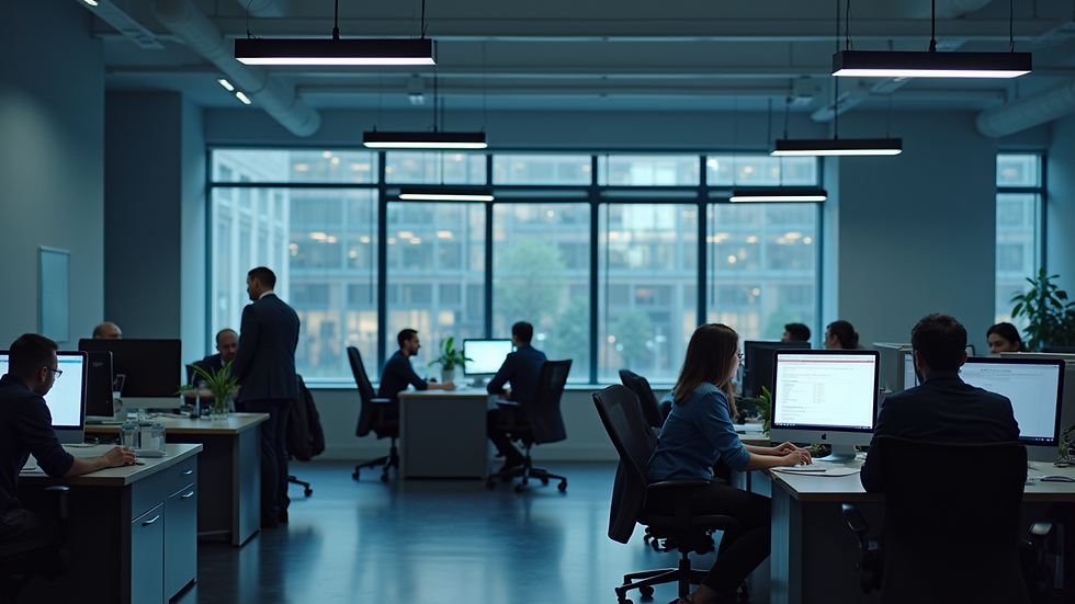 Wide angle view of a modern office with cybersecurity team working