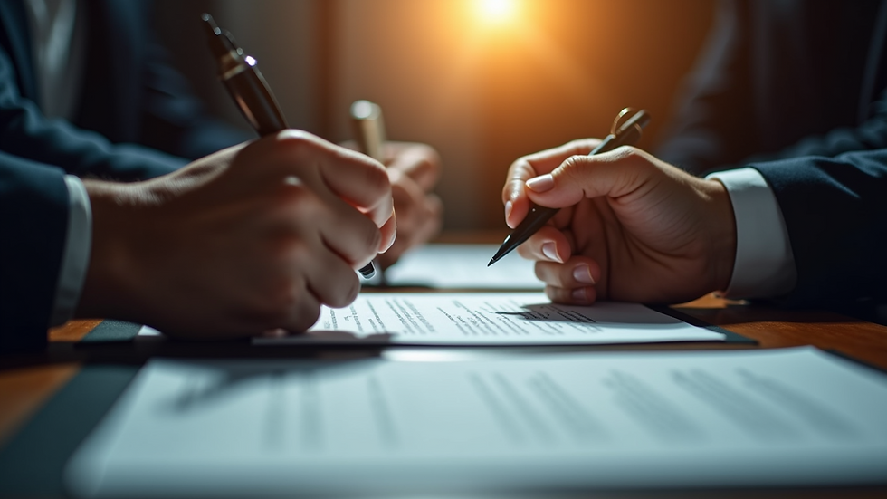 Close-up view of hands exchanging signed business contracts