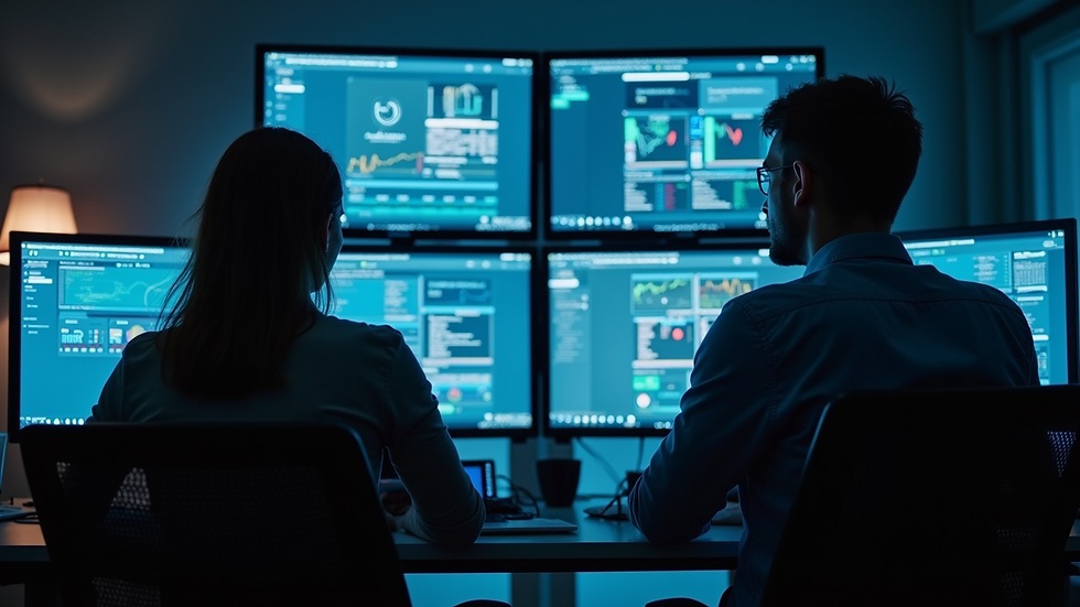 Close-up view of a cybersecurity team monitoring multiple screens