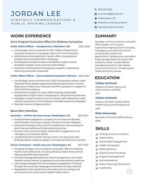 Sample resume for a communications and public affairs professional with a security clearance and government experience. front page