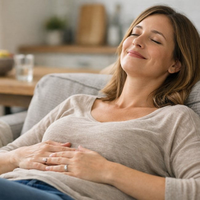 Person relaxing comfortably after a meal, sitting back on a sofa with hands resting on their stomach, showing satisfaction and fullness in a calm home setting.