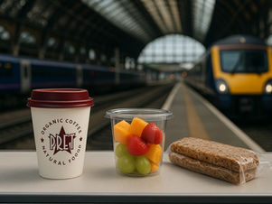 Coffee, a pot of fresh fruit, and a wholegrain sandwich placed on a table at a UK train station, with blurred trains and the station roof in the background, representing healthy eating while travelling.