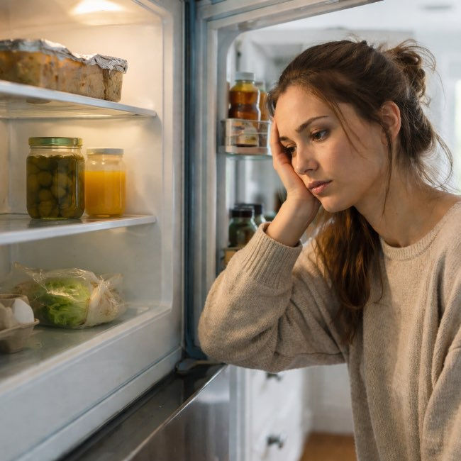 A woman standing in a kitchen during the daytime, looking tired and unsure as she stares into a mostly empty fridge containing only a few leftover items and jars.