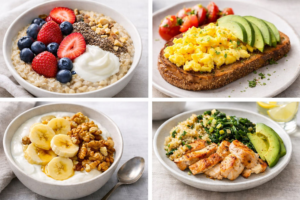 Square collage of four healthy breakfast meals including oatmeal with berries and yogurt, scrambled eggs on toast with avocado, Greek yogurt with banana and nuts, and a quinoa bowl with chicken and greens.