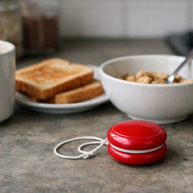A yo-yo resting on a kitchen counter beside a slice of toast and a mug of tea, illustrating the cycle of yo-yo dieting alongside everyday food.