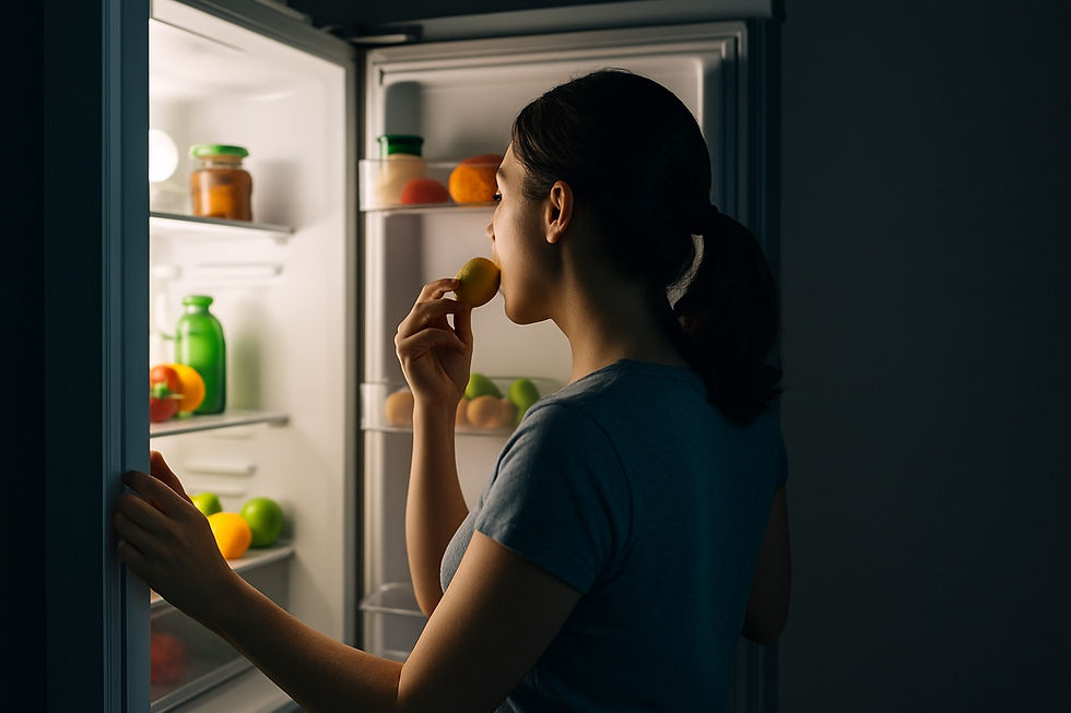 A woman standing in front of an open fridge at night, lit by the cool glow from inside, holding a small snack in her hand as she looks at the shelves of food.