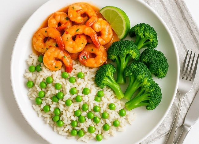 A white plate on a white background holding a quick weeknight meal: chilli-lime prawns, white rice mixed with peas, and steamed broccoli, with a lime wedge on the side and cutlery placed on a striped napkin.