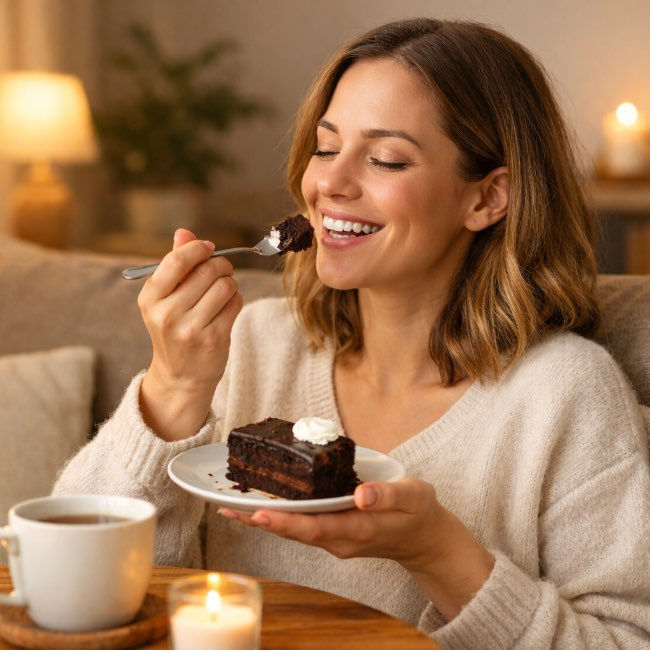 Woman relaxing on a sofa, smiling as she enjoys a slice of chocolate cake with a cup of tea nearby in a warm, cozy living room — representing a calm, guilt-free relationship with food.