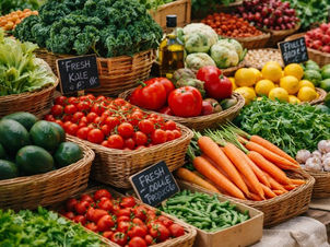 A colourful farmers’ market stall filled with baskets of fresh vegetables and fruit, including tomatoes, carrots, leafy greens, garlic and citrus, arranged neatly on a wooden table in natural light.