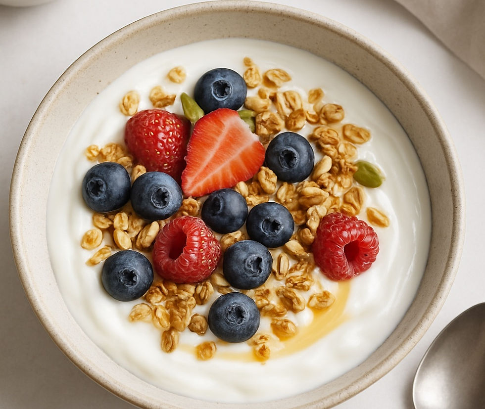 A bowl of yoghurt with berries and granola.