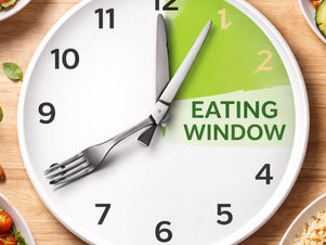 White plate designed like a clock with fork and knife as hands pointing to an “eating window” section, surrounded by healthy foods on a wooden table.