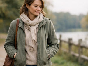 Woman walking slowly along a quiet park path beside a lake, looking calm and reflective in soft natural light, wearing a jacket and scarf.