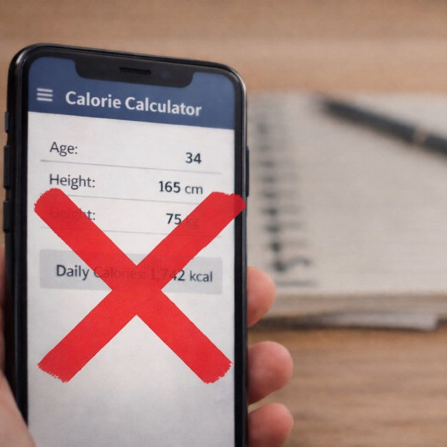 A hand holding a smartphone showing a calorie calculator app with a large red X over the screen, with a notebook and pen blurred in the background on a wooden table.