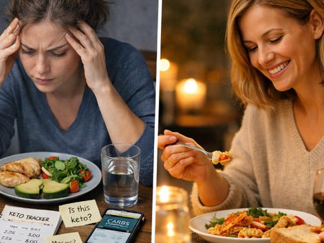 Split image showing the mental load of dieting: on the left, a stressed person tracking a restrictive meal with notes and a phone; on the right, a relaxed person enjoying a normal meal without rules.
