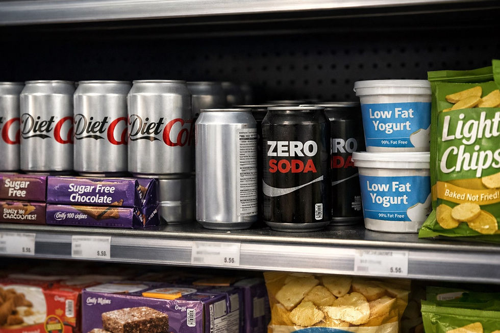 A supermarket shelf filled with “diet” and “low” labelled foods, including diet cola, sugar-free snacks and low-fat yoghurt, with one can turned sideways among the others.
