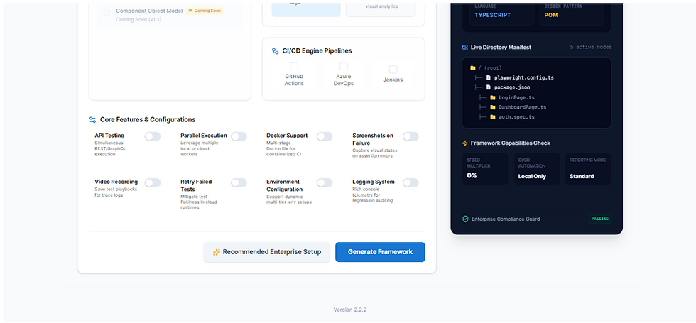 Playwright test automation framework generator interface with Generate Button.