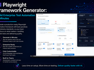 AI-powered Playwright Framework Generator interface showing enterprise test automation configuration options alongside a real-time architecture blueprint preview. The UI highlights TypeScript support, Page Object Model, HTML reporting, CI/CD integration, and advanced framework features, illustrating how enterprise-ready Playwright frameworks can be generated quickly for Quality Engineering teams.