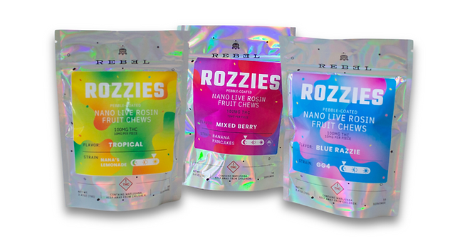 Rebel Edibles Rozzies product lineup showcasing a variety of vibrant and flavorful fruit chews packaging.