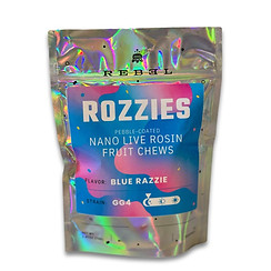 Rebel Edibles Rozzies Blue Razz pouch with a bold and vibrant design.