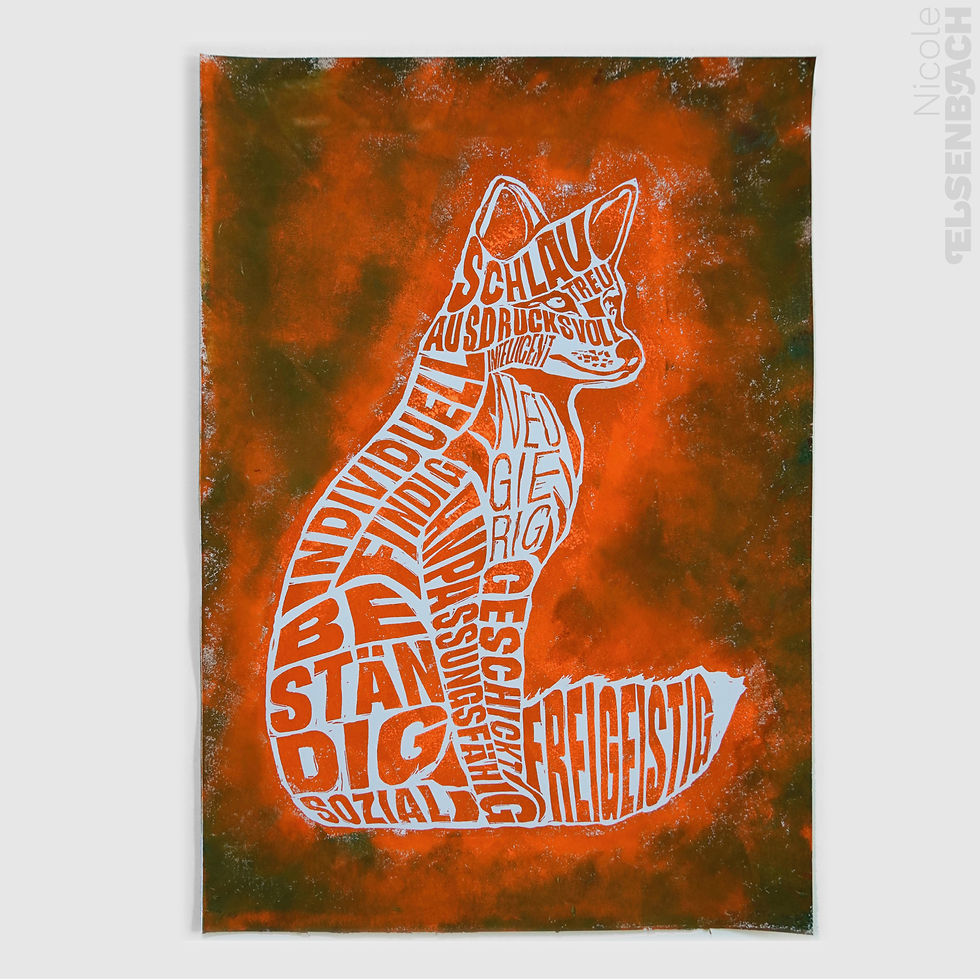 Miniaturbild: Linoldruck Fuchs orange mit grün auf weißem Papier
