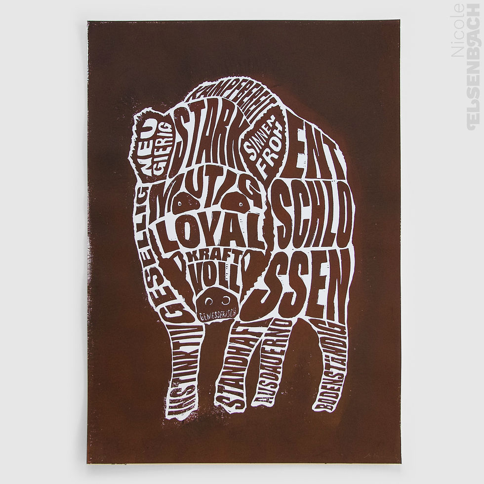 Miniaturbild: Linoldruck „Mit der Kraft des Wildschweins“