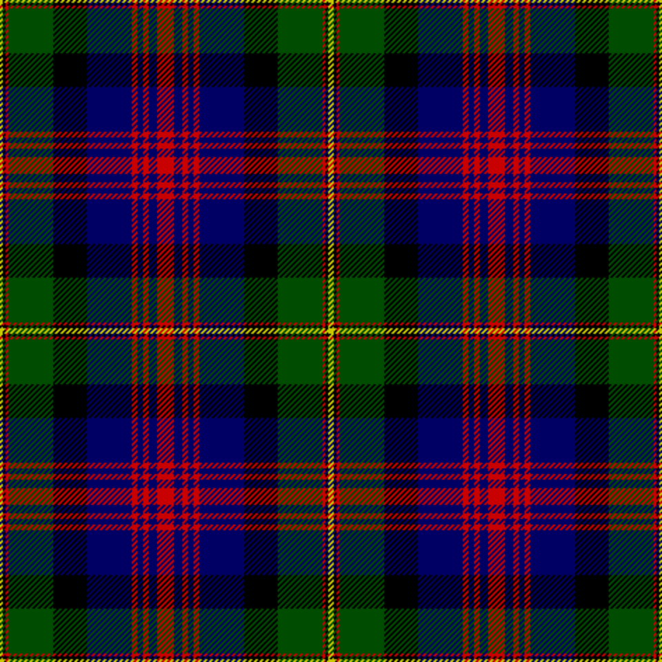Logan or MacLennan tartan, as recorded by James Logan in 1831. Modern thread count: Y4 Bk2 R2 G32 Bk24 B32 R4 B4 R4 B6 R12.