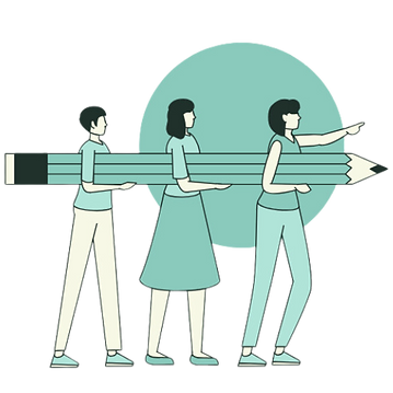 A photo of three people holding a large pencil 