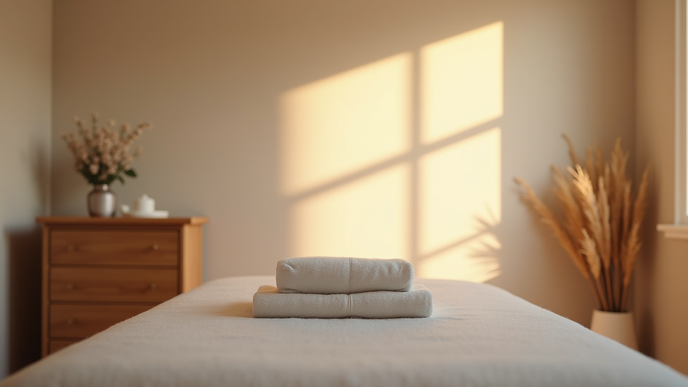 Eye-level view of a calm therapy room with massage table and soft lighting