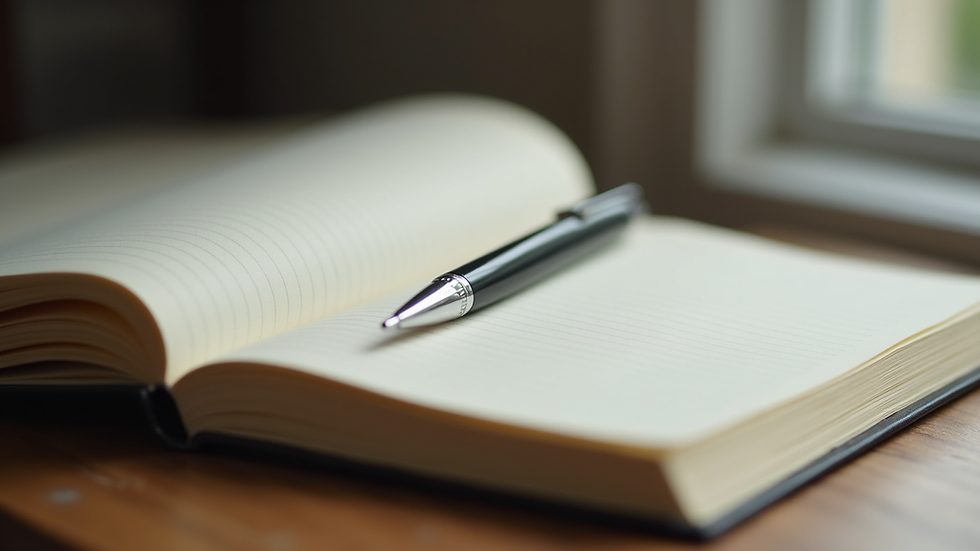 Close-up view of a journal with a pen resting on an open page