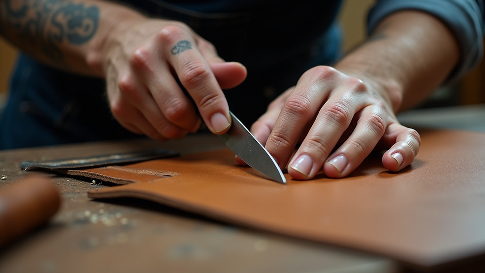 Close-up view of a craftsman cutting leather with precision