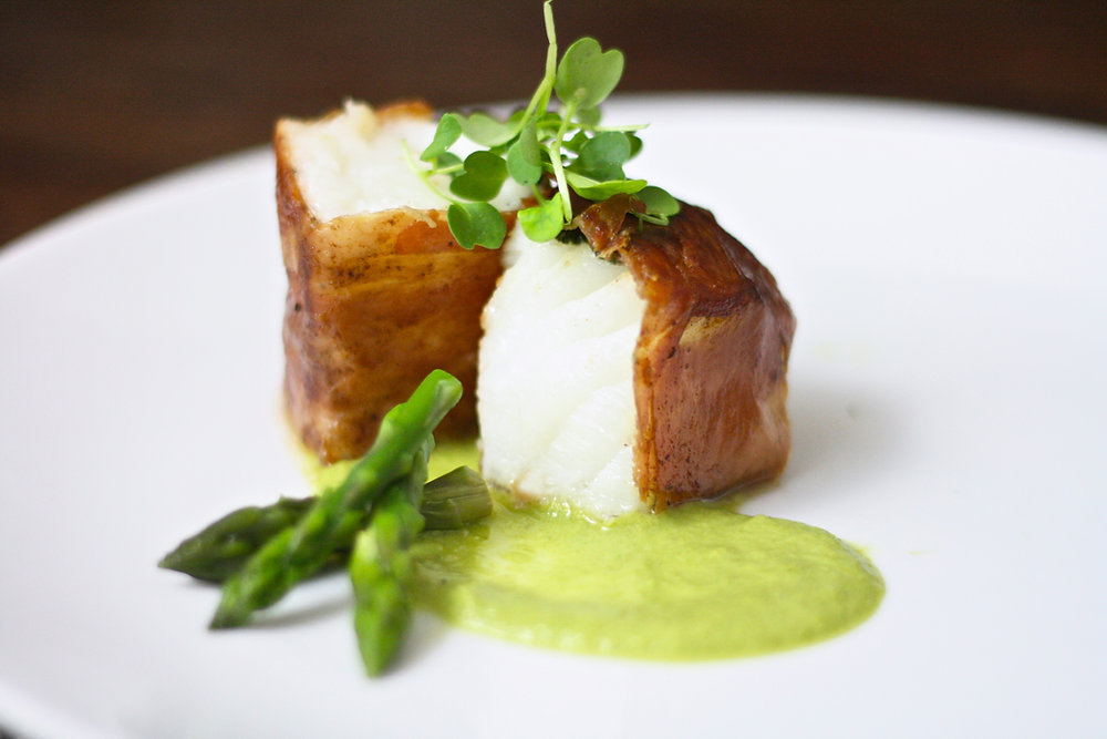 ProsciuttoWrapped Halibut with Asparagus Purée