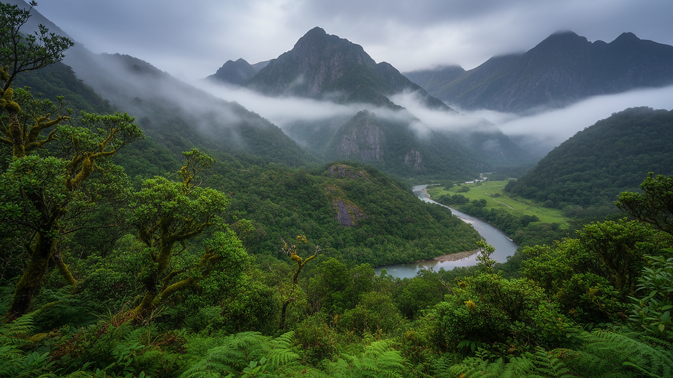 Eye-level view of a serene mountain landscape with mist and lush greenery