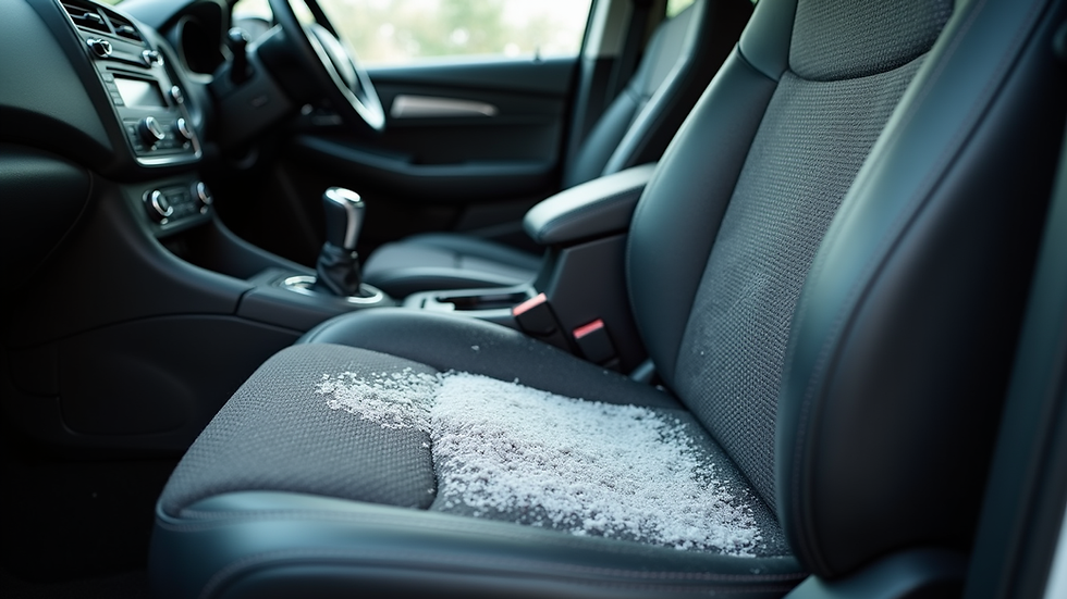 Close-up view of car seat fabric being shampooed