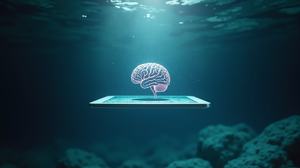 Vue en plongée d’une tablette affichant une animation du cerveau humain
