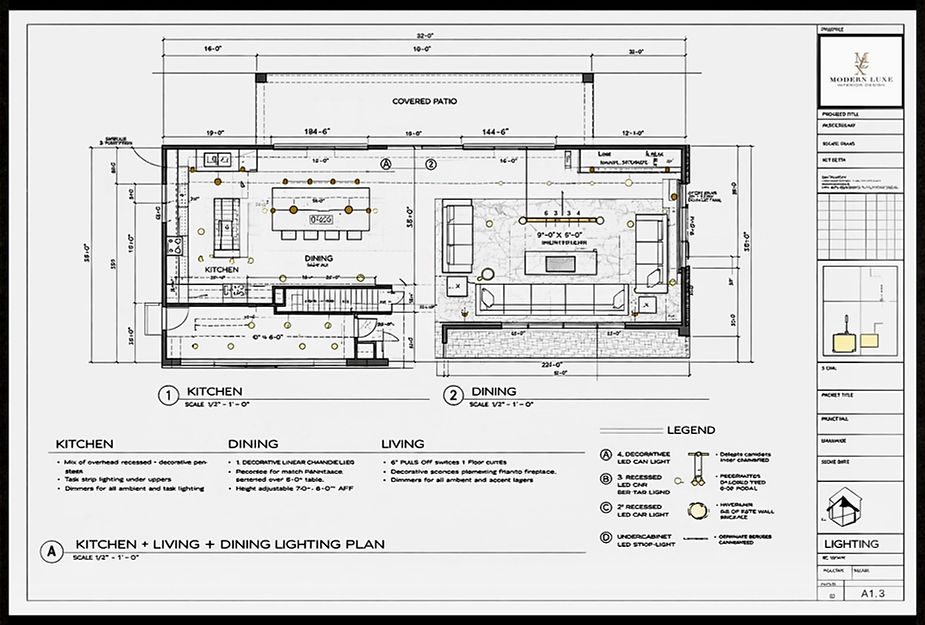Modern Luxe Interior Design custom home lighting plan showing kitchen, dining, and living layout integration in Charlotte NC
