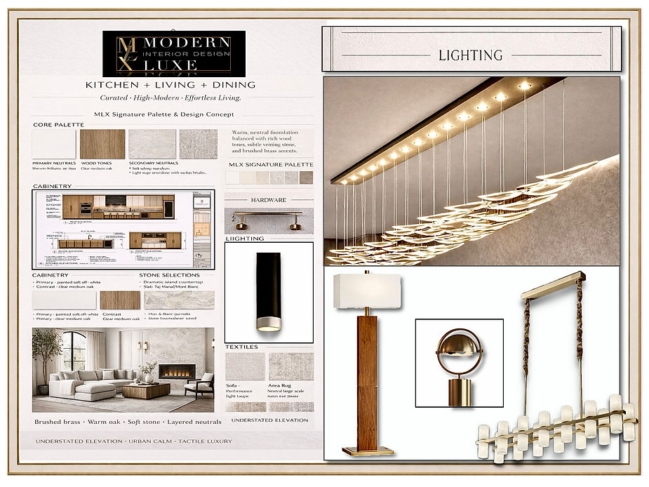 Modern luxury interior design concept board with materials, lighting, and finishes curated for a custom home in Charlotte NC