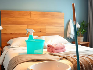 Cleaning supplies on a bed with fresh bed sheets and towels