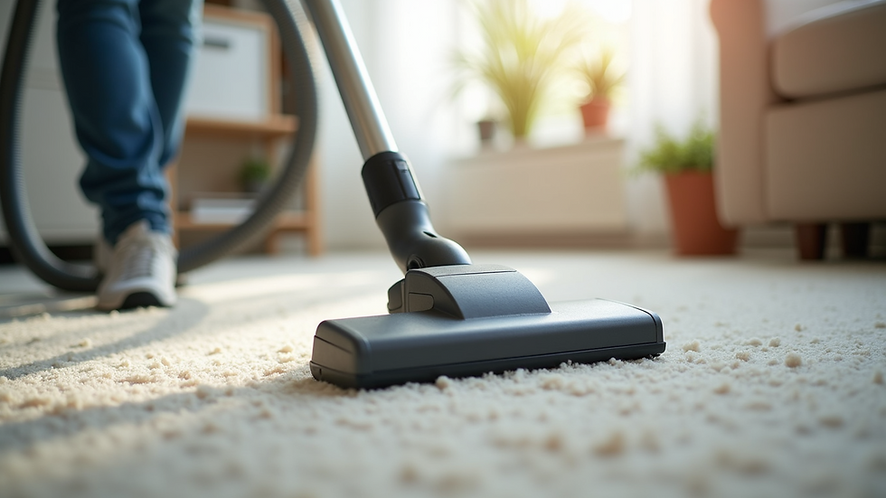Close-up view of a vacuum cleaner cleaning a carpet in a bright room