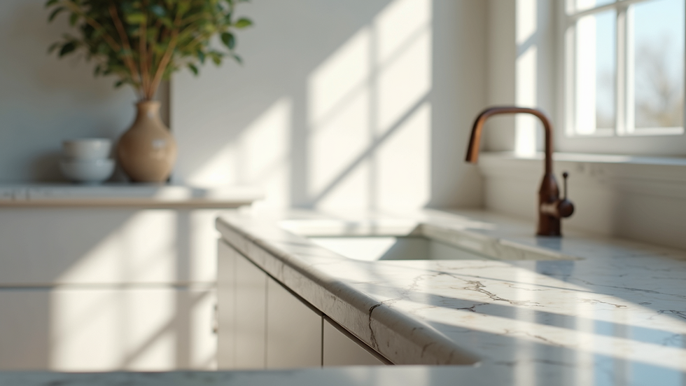 Close-up view of polished marble countertop with natural veins