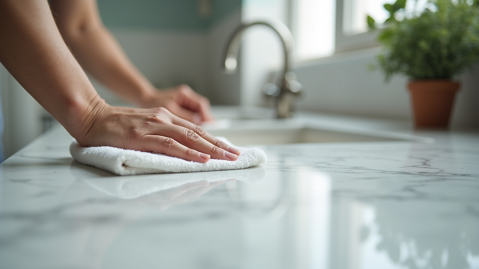 Eye-level view of a marble countertop being polished manually with a soft cloth