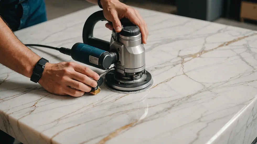 High angle view of a professional using a polishing machine on marble