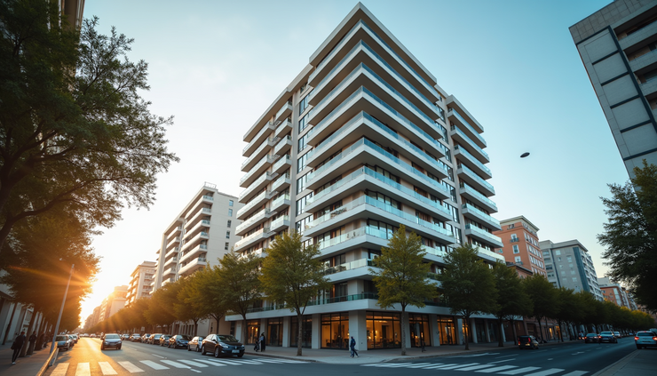 Eye-level view of a modern luxury apartment building in Madrid