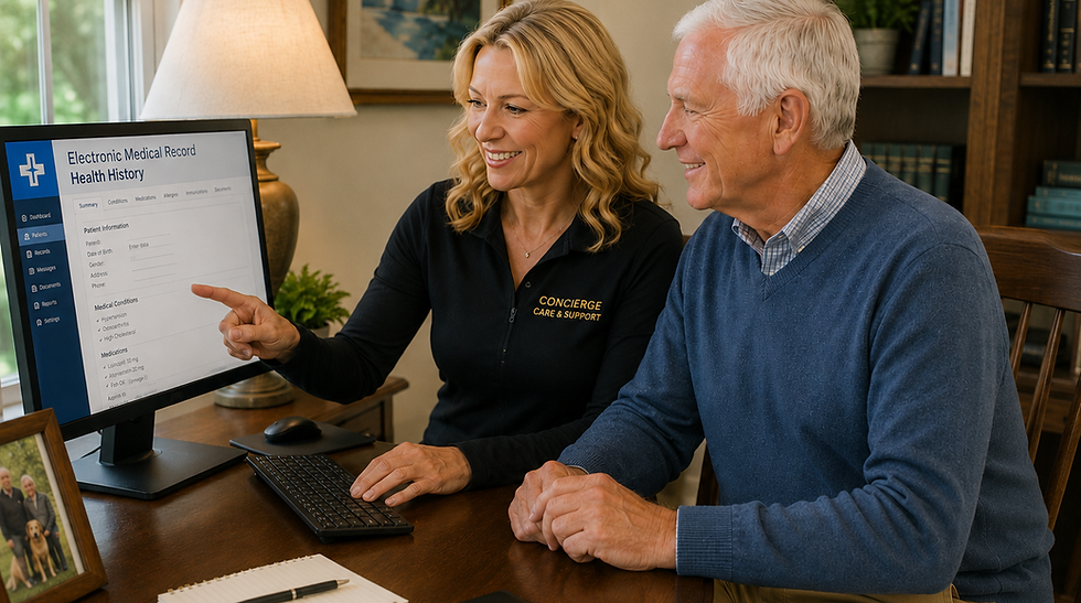 Concierge care professional assisting senior with technolgy