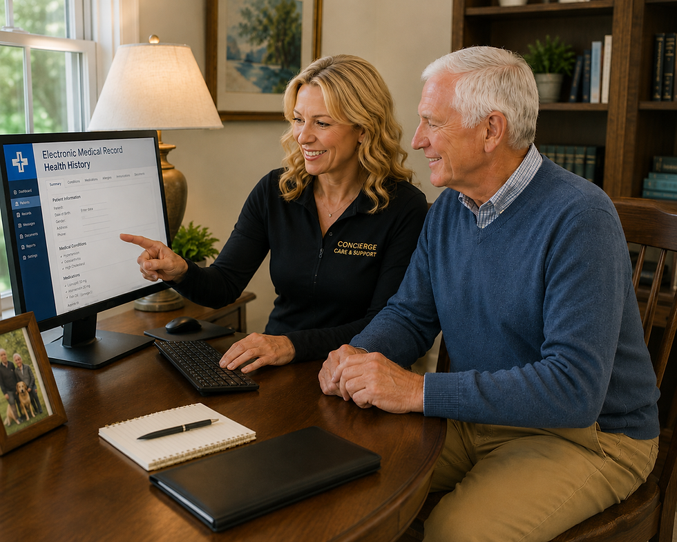 Concierge care professional assisting senior with technolgy